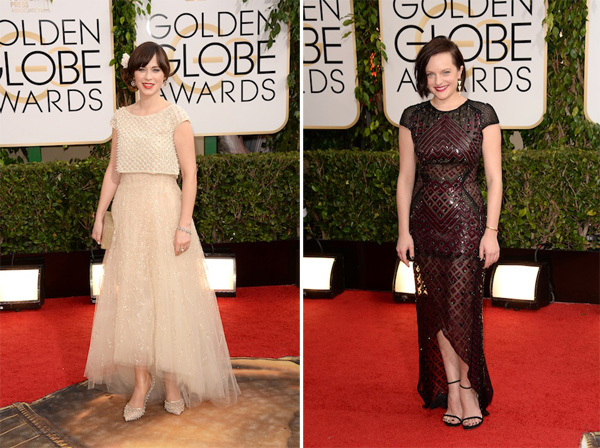 Zooey Deschanel in Oscar de la Renta, Elisabeth Moss in J Mendel Golden Globes 2014